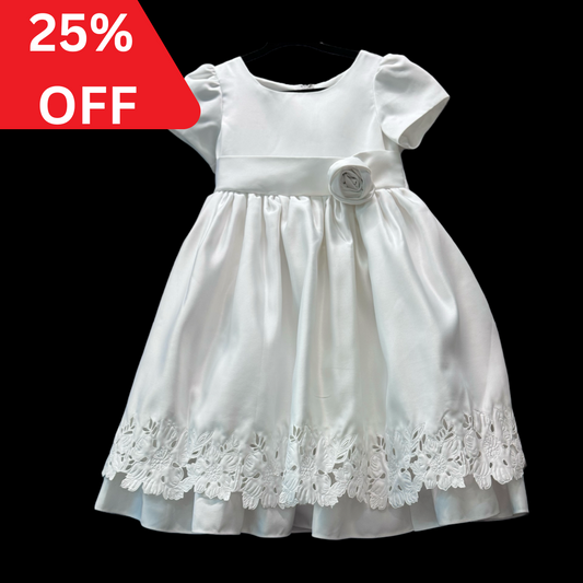 Baby/Toddler White Short Sleeve Satin Dress w/ Floral Embroidery