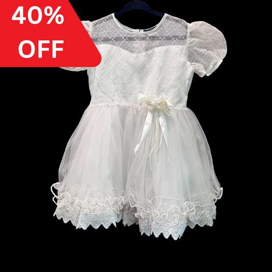 Toddler White Puff Short Sleeve Dress w/ Elegant Embroidery