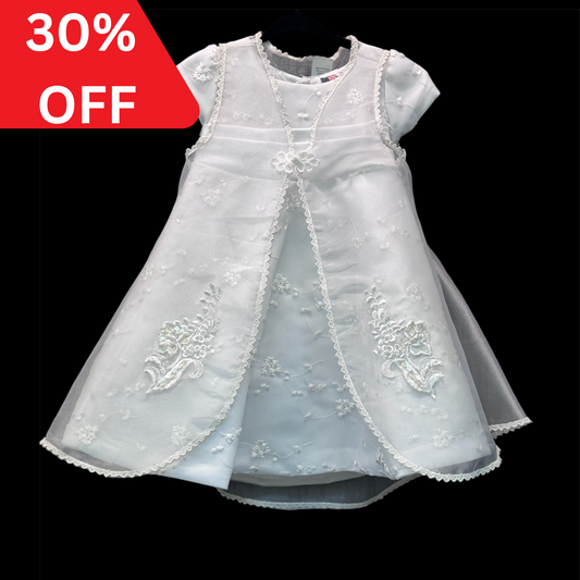 2PC Short Sleeve White Dress w/ Floral Embroidery (18-24 months)