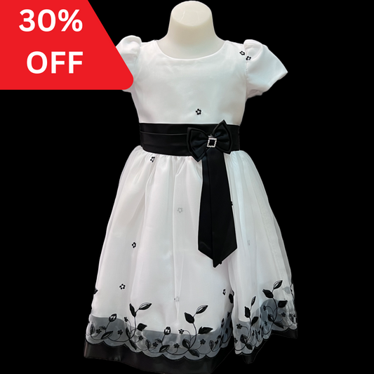 Short Sleeve Toddler White Dress w/ Black Accents