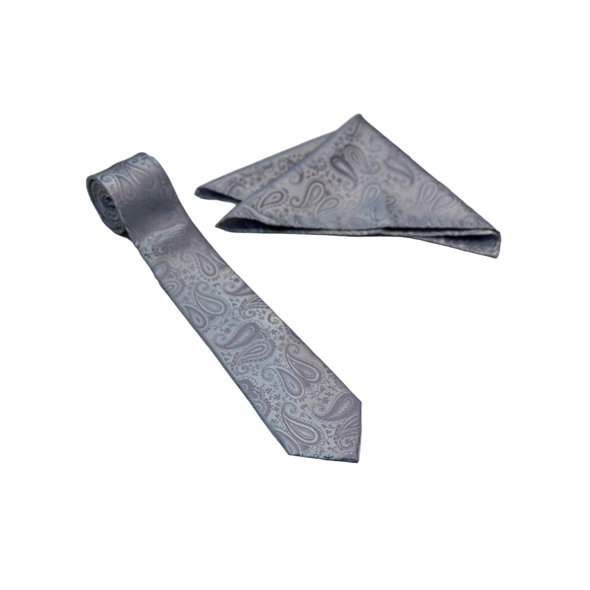 Silver Paisley Mens Necktie & Pocket Square