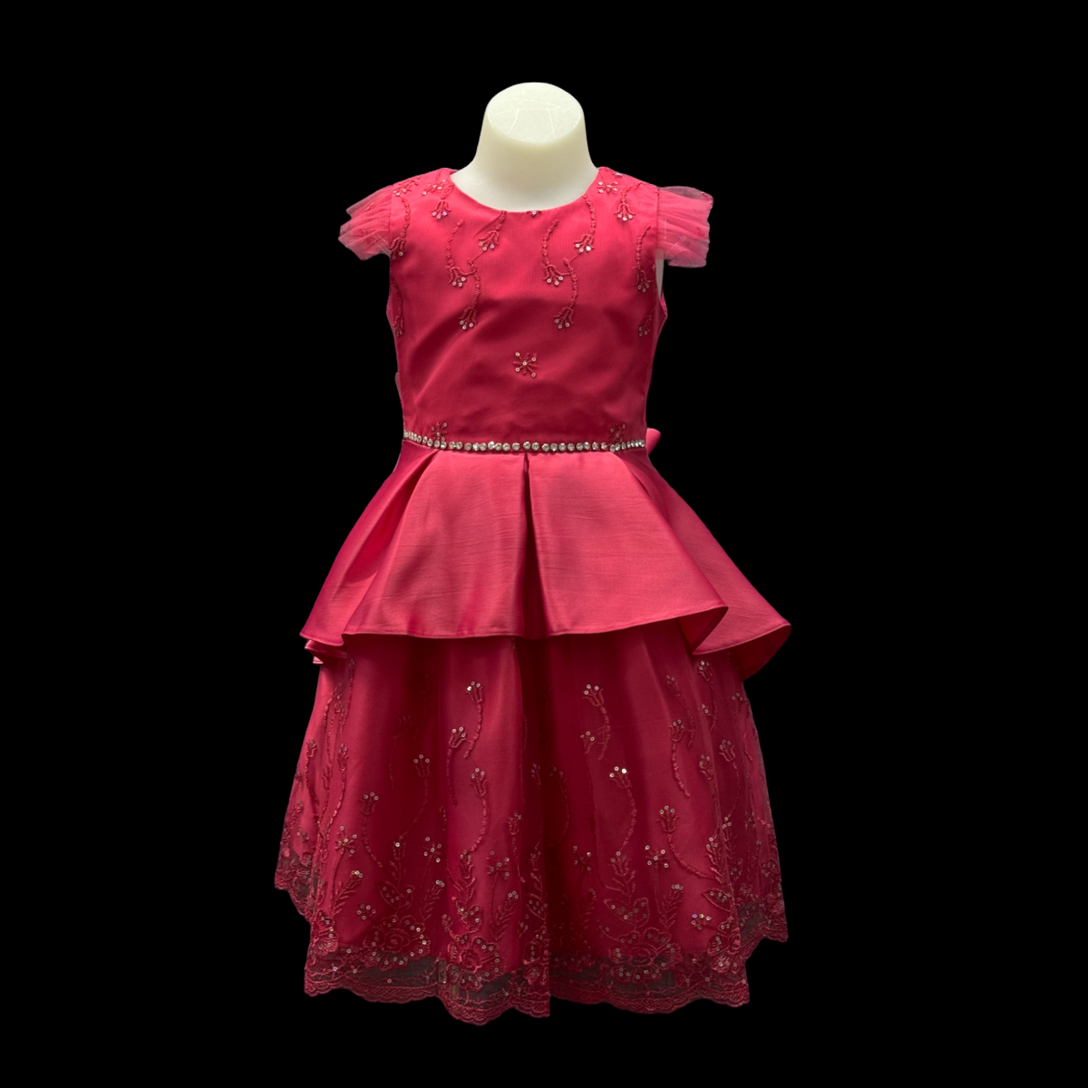 Fuchsia Satin Embroidered Dress W/ Sequin & Rhinestone Accents