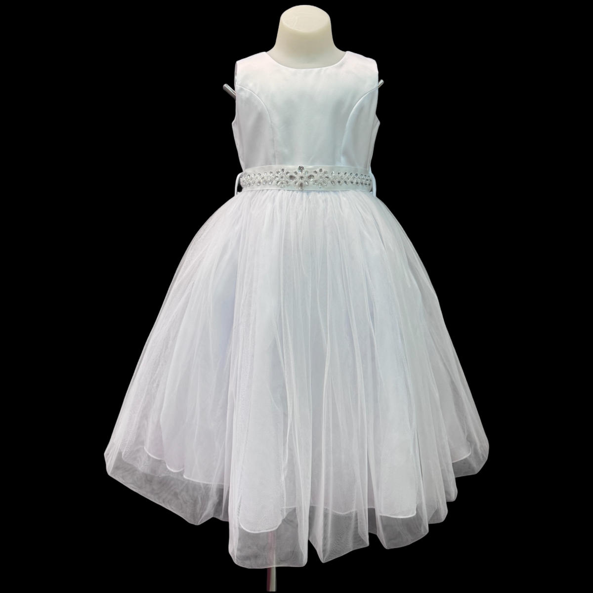 White Sleeveless Dress w/ Rhinestone and Beaded Sash