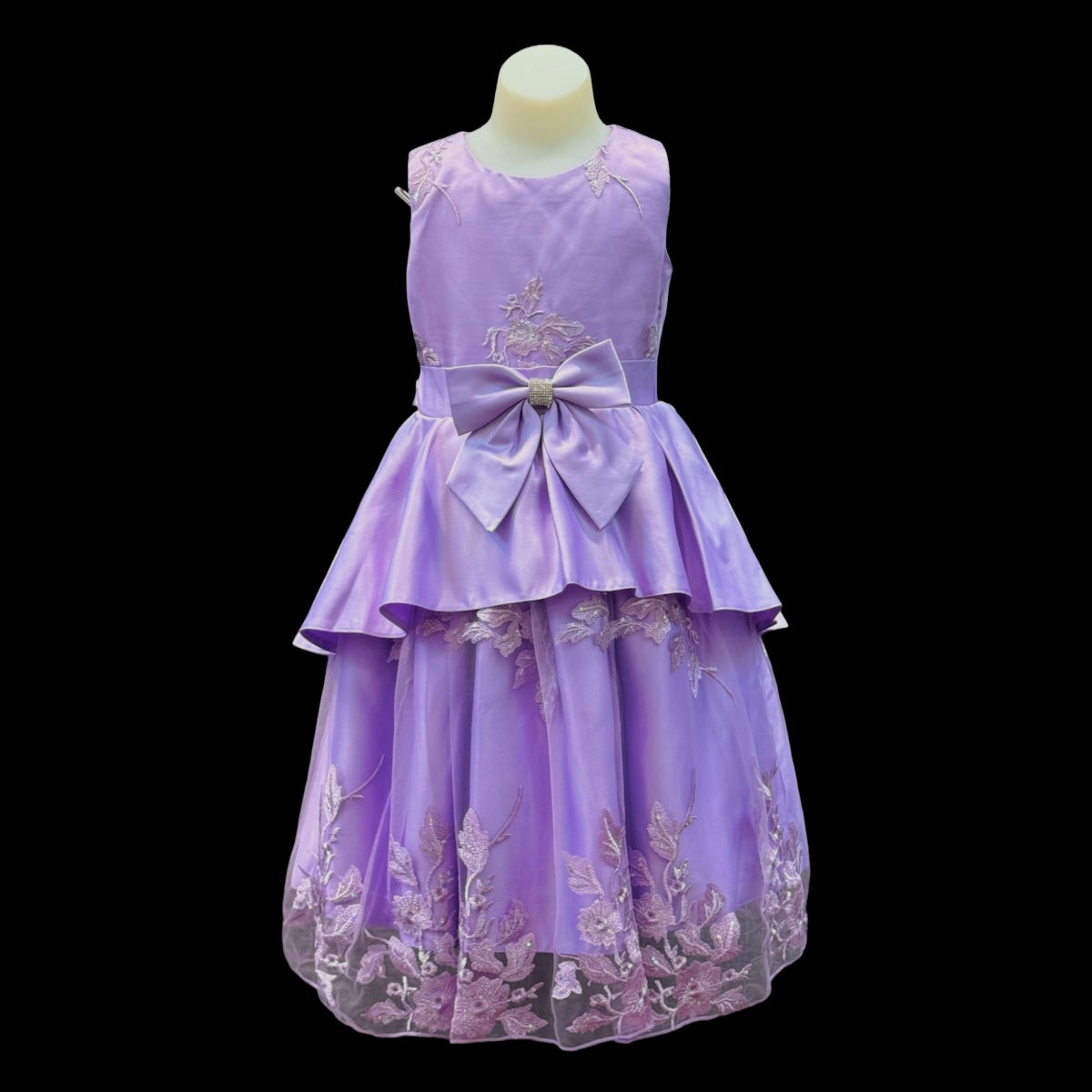 Lavender Satin Embroidered Dress W/ Satin Rhinestone Bow