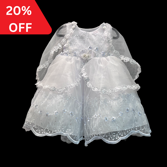 Sleeveless Floral Embroidered Baby Gown w/ Organza Cape